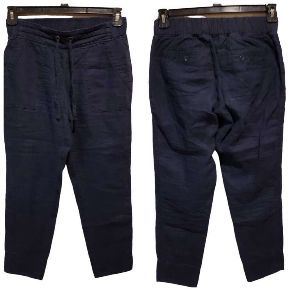 Athleta Women's Sz 0 Navy Blue Ankle Linen Pants Pockets Elastic Drawstring